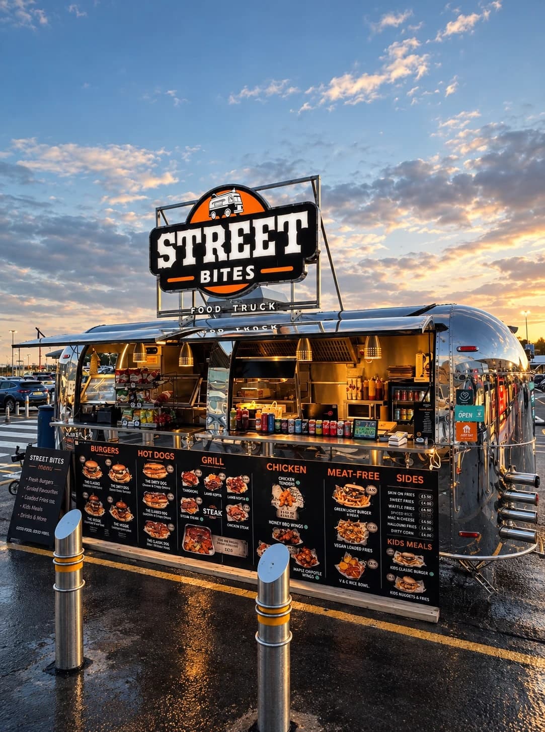 Street Bites chrome Airstream food truck at sunset at M&S Upper Level, Castlepoint, Bournemouth, with its menu boards lit up